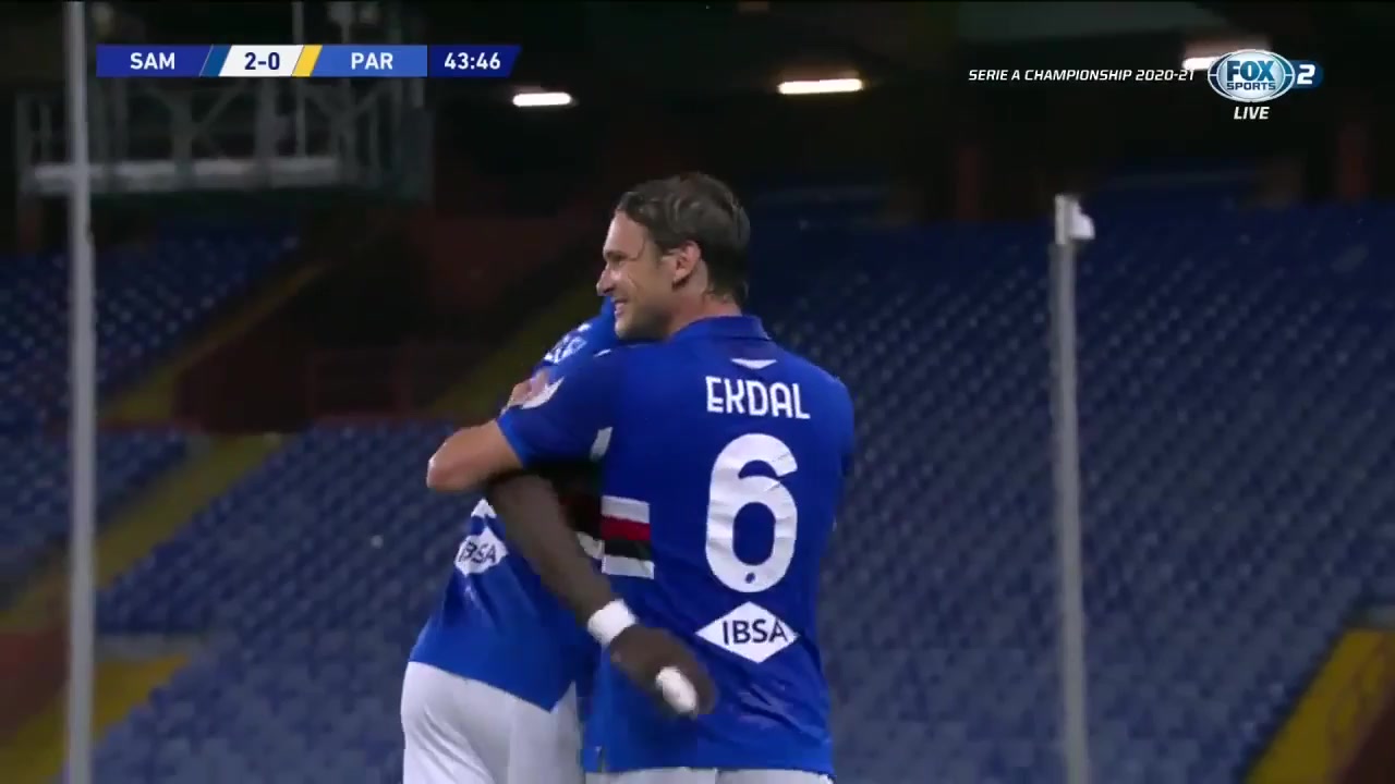 Serie A Sampdoria Vs Parma Omar Colley Goal in 42 min, Score 2:0