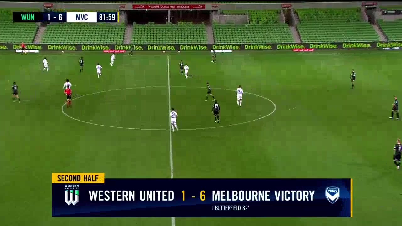 AUS D1 Western United FC Vs Melbourne Victory Jacob Butterfield Goal in 81 min, Score 1:6