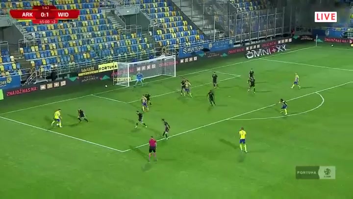POL D1 Arka Gdynia Vs Widzew lodz Olaf Kobacki Goal in 45+ min, Score 1:1