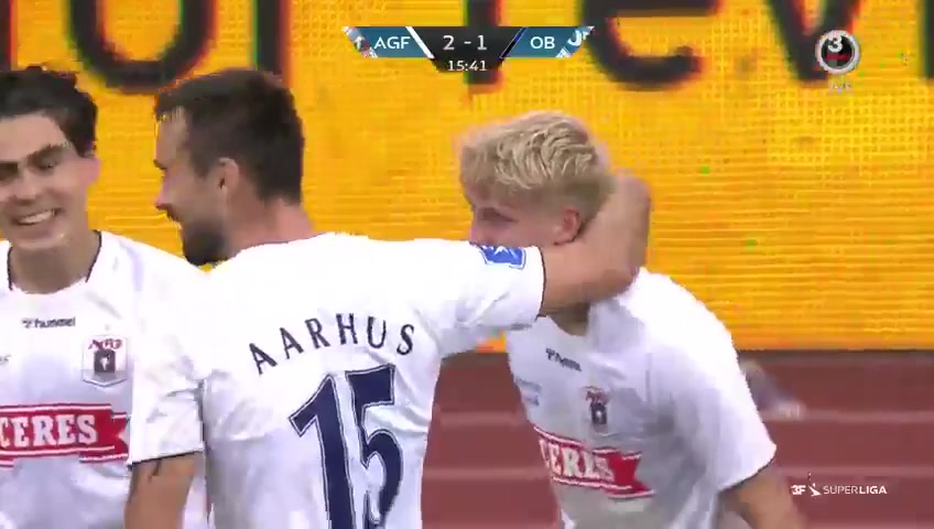 DEN SASL Aarhus AGF Vs Odense BK Eric Kahl Goal in 14 min, Score 2:1