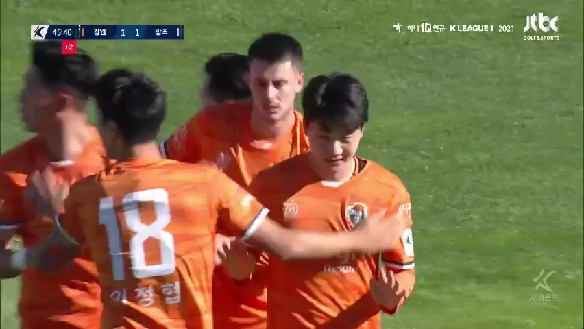 韓K聯 江原FC Vs 光州FC 45分金東現進球,比分1:1