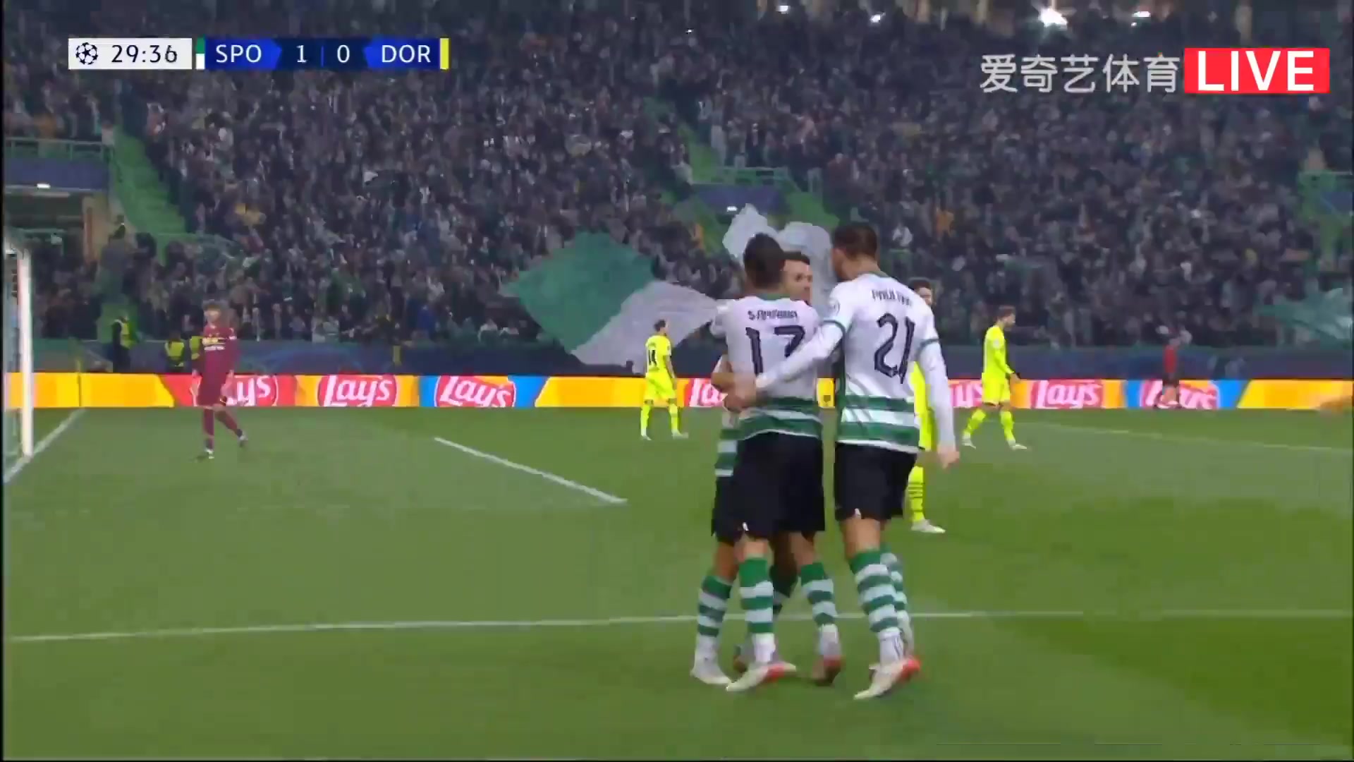 UEFA CL Sporting CP Vs Borussia Dortmund Pedro Goncalves Goal in 29 min, Score 1:0