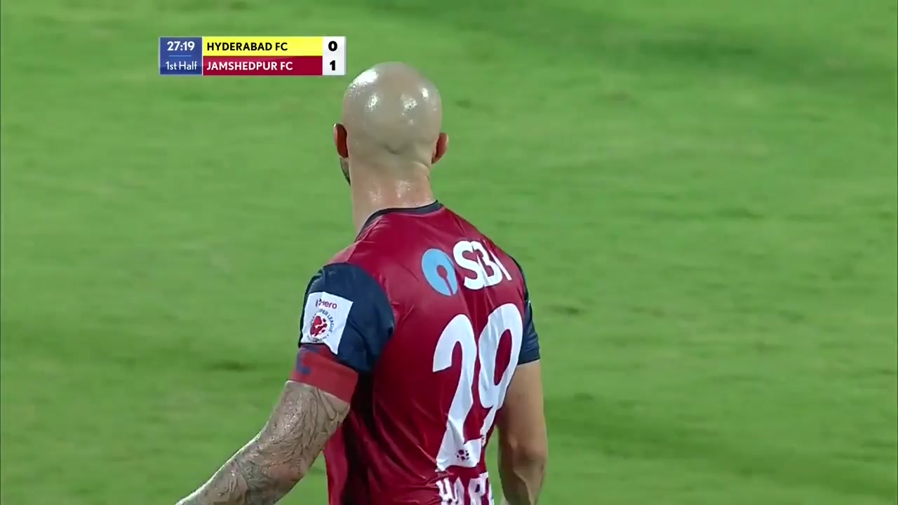 ISL Hyderabad FC Vs Jamshedpur FC Peter Hartley Goal in 27 min, Score 0:2