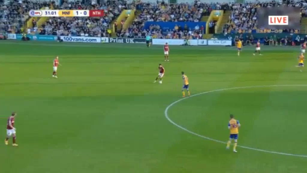 ENG L2 Mansfield Town Vs Northampton Town Jordan Bowery Goal in 32 min, Score 2:0