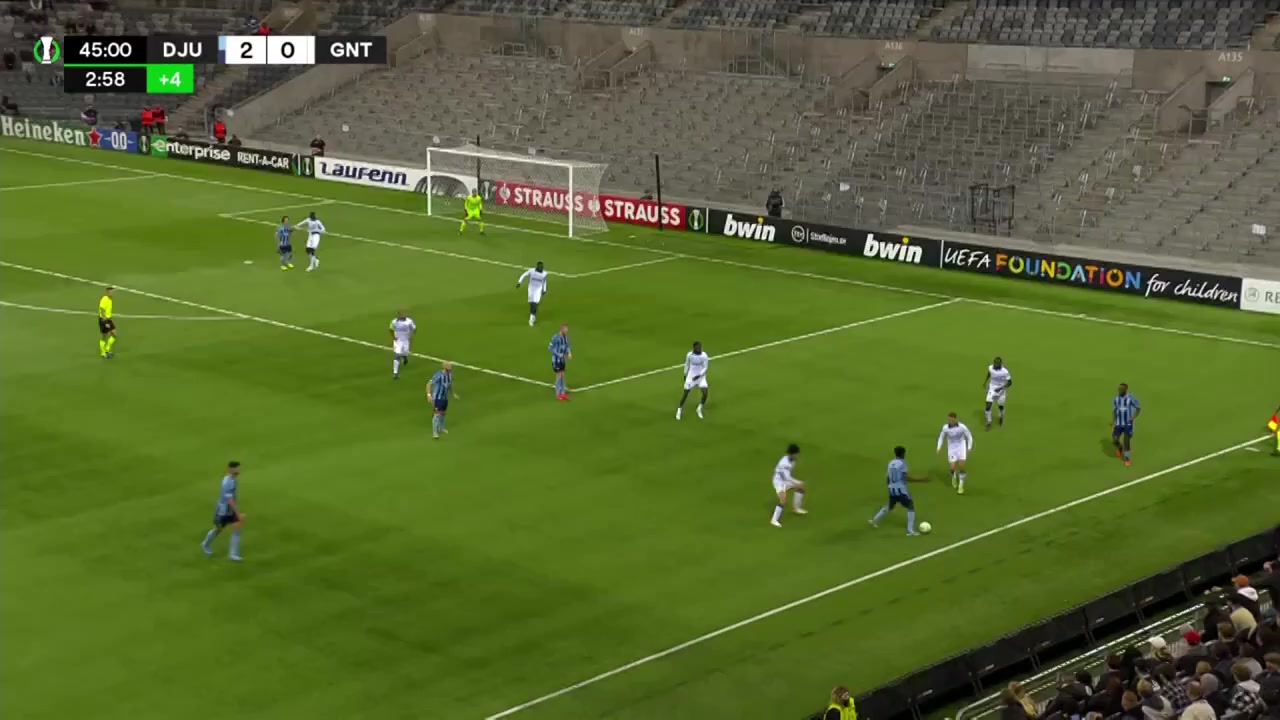 UEFA ECL Djurgardens Vs KAA Gent Gustav Medonca Wikheim Goal in 45+ min, Score 3:0